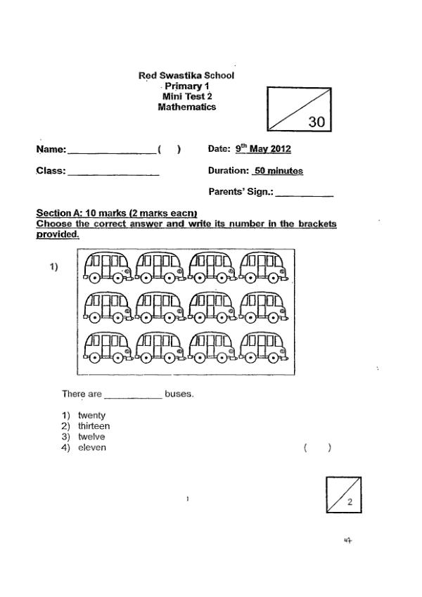 Red Swastika P1 Math WA2 2012 exam paper PDF first page preview