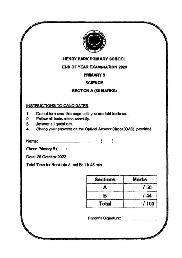 Henry Park P5 Sci SA2 2023 exam paper PDF preview