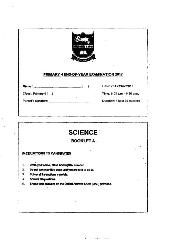 Tao Nan P4 Sci SA2 2017 exam paper PDF first page preview