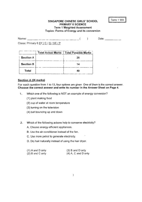 First page preview of P6 Sci 2023 WA1 — Singapore Chinese Girls