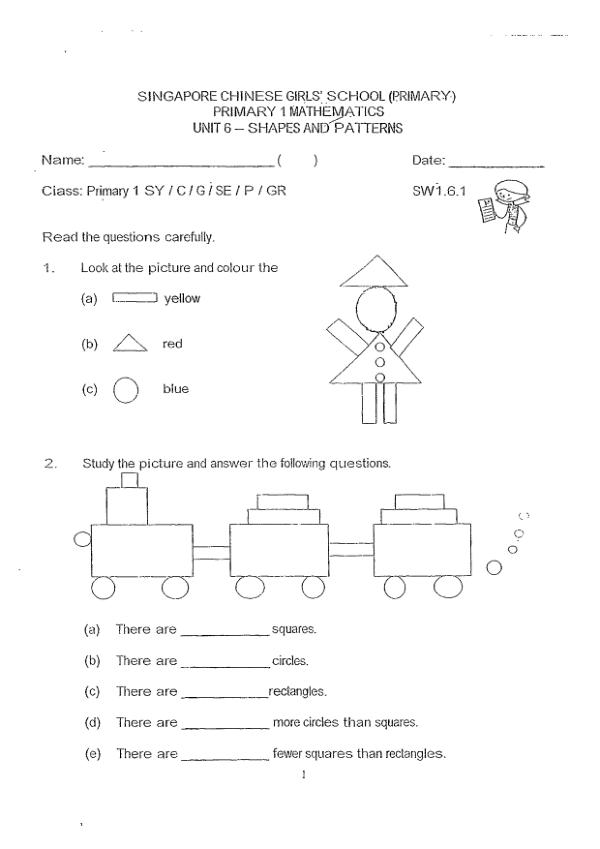 First page preview of P1 Math 2014 WA3 — Singapore Chinese Girls