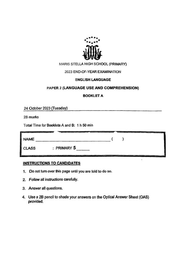 Maris Stella High P5 Eng SA2 2023 exam paper PDF preview