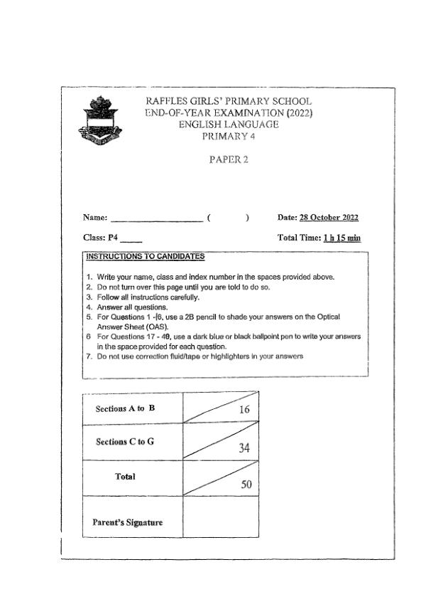 Raffles Girls P4 Eng SA2 2022 exam paper PDF preview