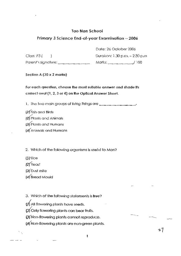 Tao Nan P3 Sci SA2 2006 exam paper PDF preview