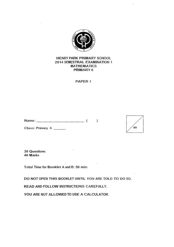 Henry Park P6 Math WA2 2014 exam paper PDF preview