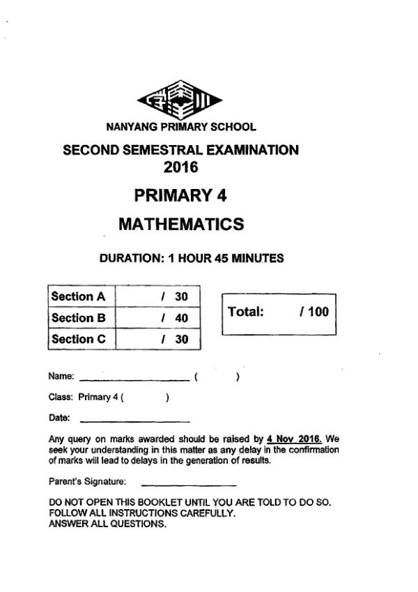 First page preview of P4 Math 2016 SA2 — Nanyang