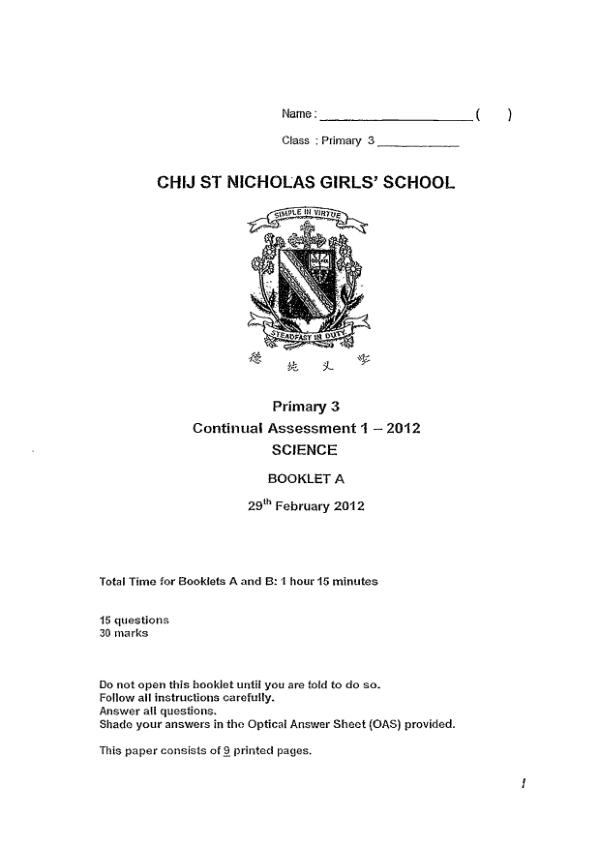 CHIJ P3 Sci WA1 2012 exam paper PDF preview