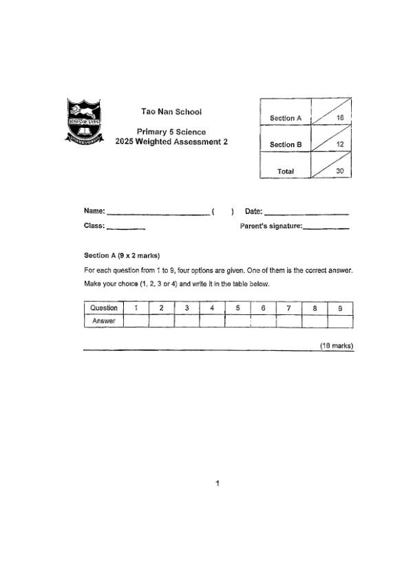 First page preview of P5 Sci 2025 WA2 — Tao Nan