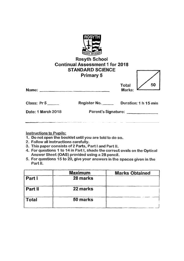 Rosyth P5 Sci WA1 2018 exam paper PDF first page preview