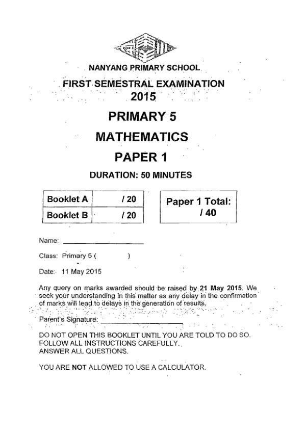 First page preview of P5 Math 2015 WA2 — Nanyang