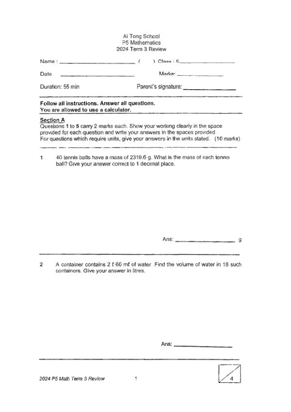 First page preview of P5 Math 2024 WA3 — Ai Tong