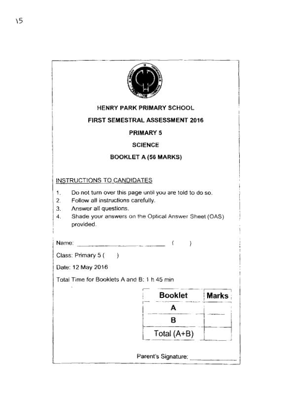Henry Park P5 Sci WA2 2016 exam paper PDF first page preview