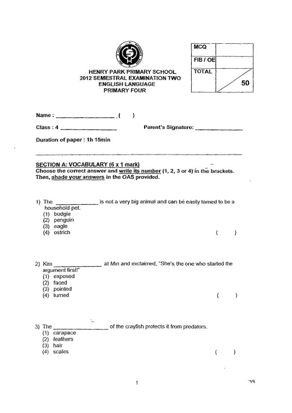 Henry Park P4 Eng SA2 2012 exam paper PDF preview