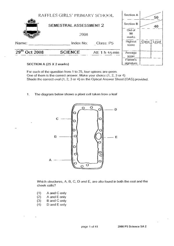 Raffles Girls P5 Sci SA2 2008 exam paper PDF first page preview