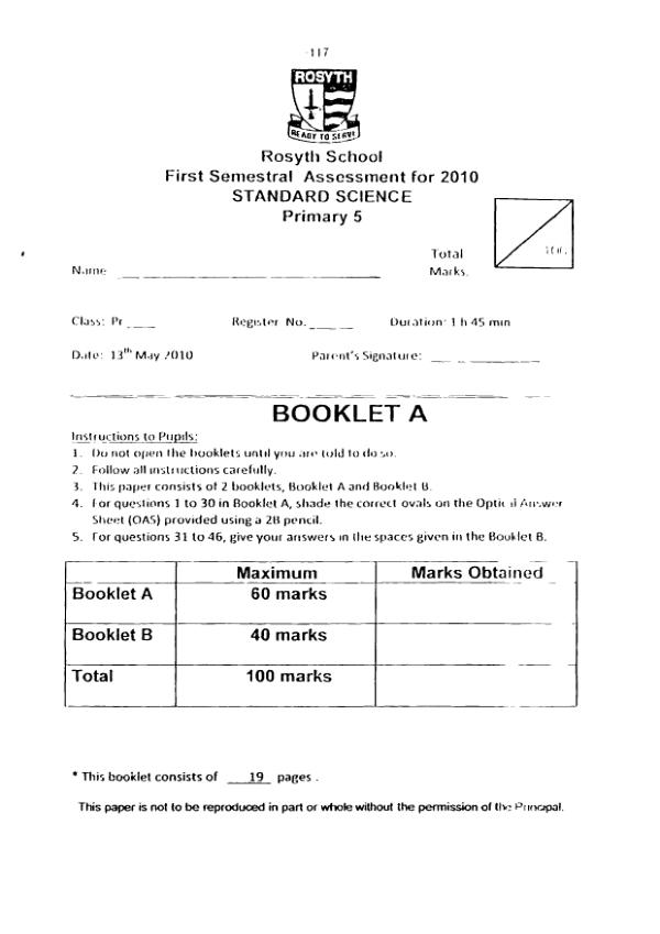 Rosyth P5 Sci WA2 2010 exam paper PDF preview