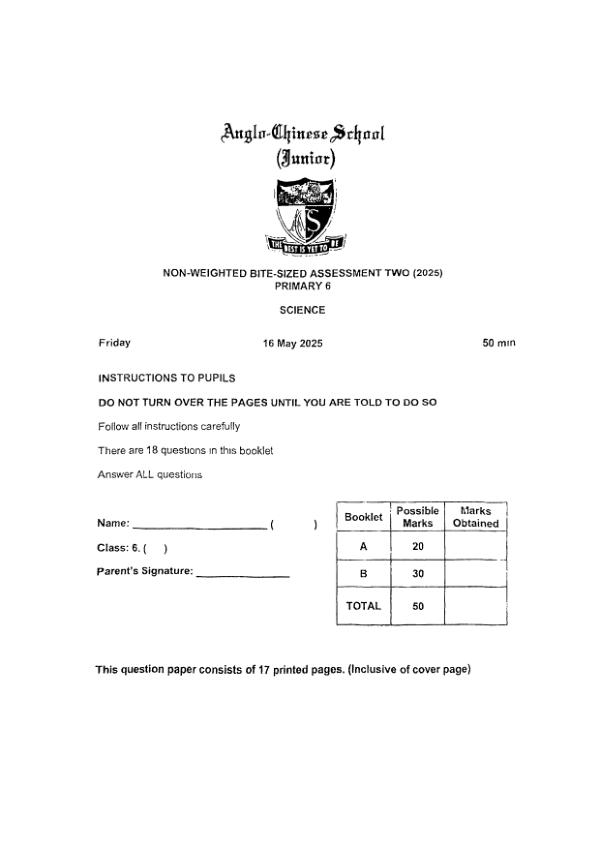 Anglo Chinese P6 Sci WA2 2025 exam paper PDF first page preview