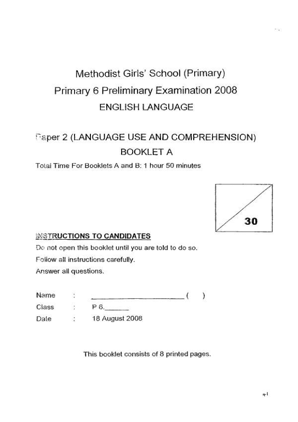 Methodist Girls P6 Eng SA2 2008 exam paper PDF preview