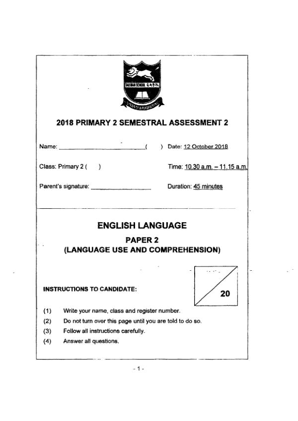 Tao Nan P2 Eng SA2 2018 exam paper PDF first page preview