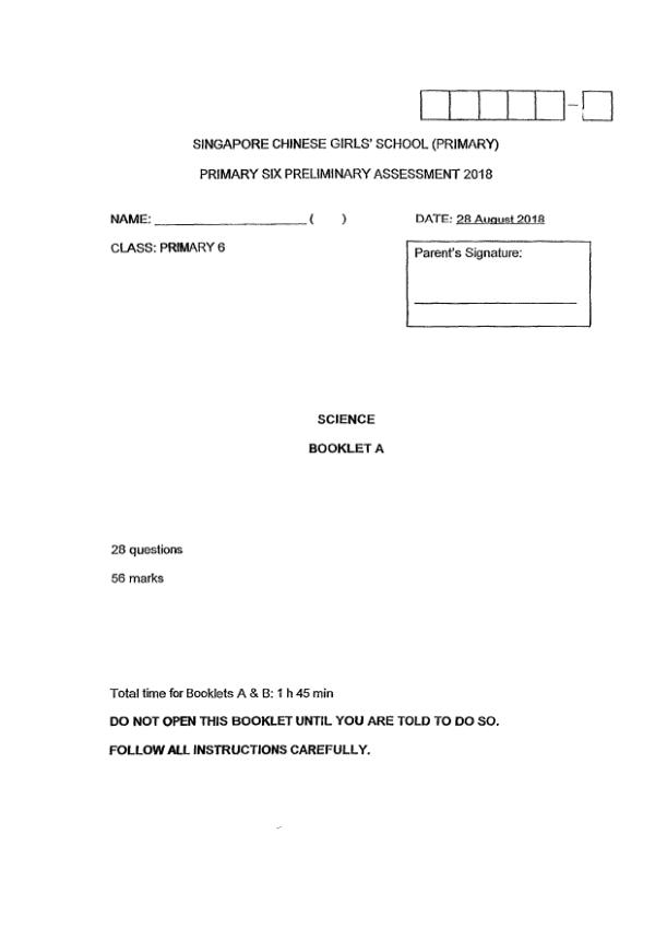 Singapore Chinese Girls P6 Sci SA2 2018 exam paper PDF first page preview