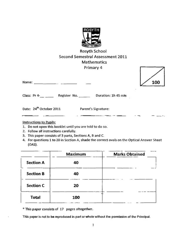 Rosyth P4 Math SA2 2011 exam paper PDF preview