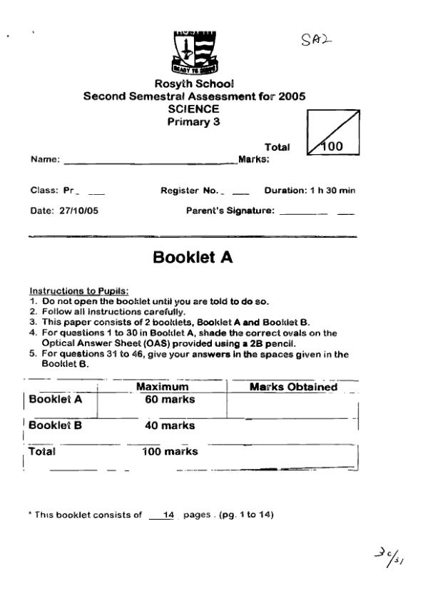 Rosyth P3 Sci SA2 2005 exam paper PDF preview