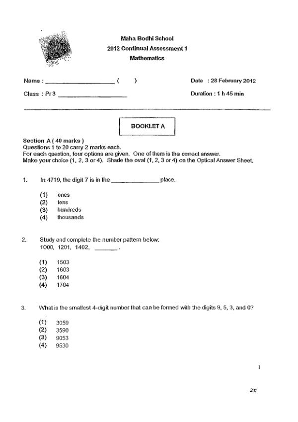First page preview of P3 Math 2012 WA1 — Maha Bodhi
