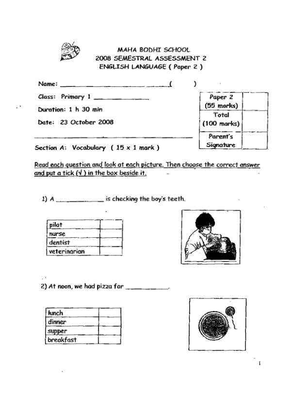 Maha Bodhi P1 Eng SA2 2008 exam paper PDF preview