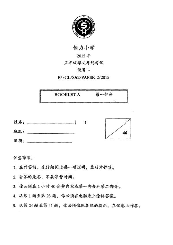CHIJ P5 Chi SA2 2015 exam paper PDF first page preview