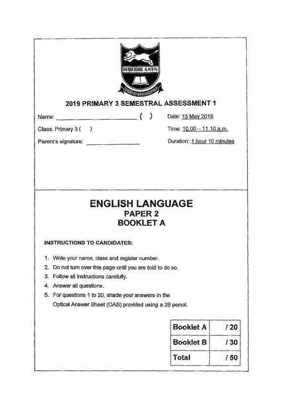 Tao Nan P3 Eng WA2 2019 exam paper PDF first page preview