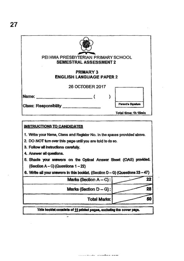 Pei Hwa P3 Eng SA2 2017 exam paper PDF first page preview