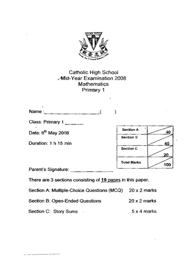 Catholic High P1 Math WA2 2008 exam paper PDF preview