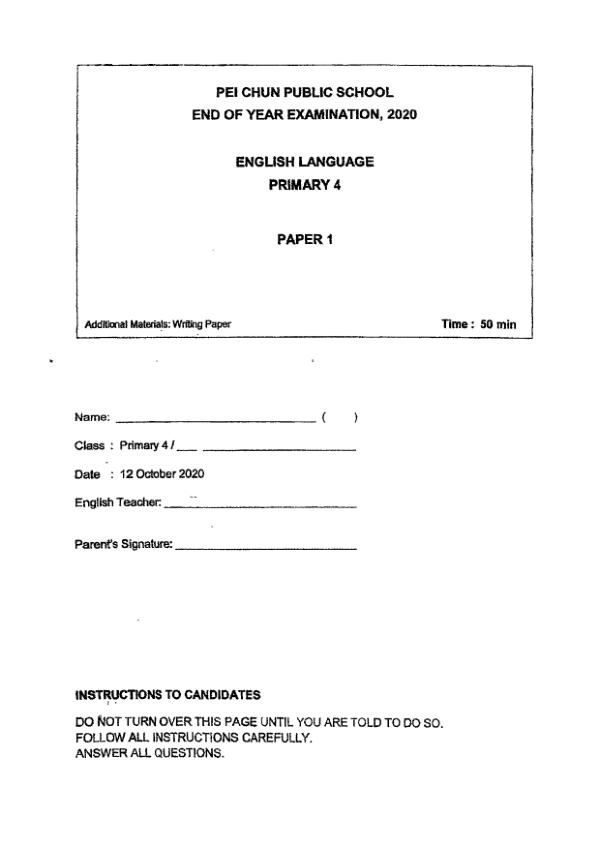 Pei Chun P4 Eng SA2 2020 exam paper PDF first page preview