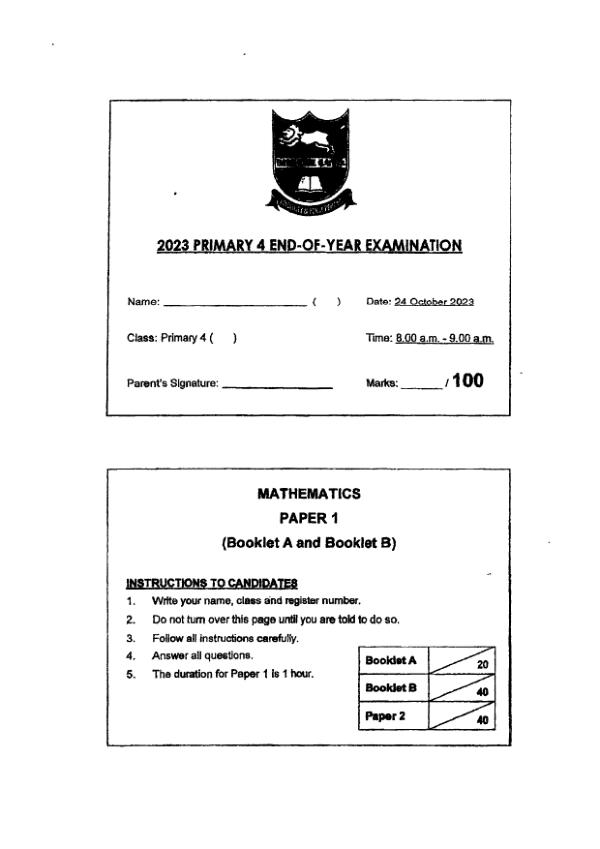 First page preview of P4 Math 2023 SA2 — Tao Nan