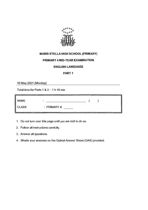 Maris Stella High P4 Eng WA2 2021 exam paper PDF first page preview
