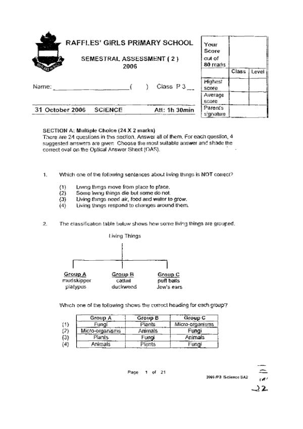 Raffles Girls P3 Sci SA2 2006 exam paper PDF preview