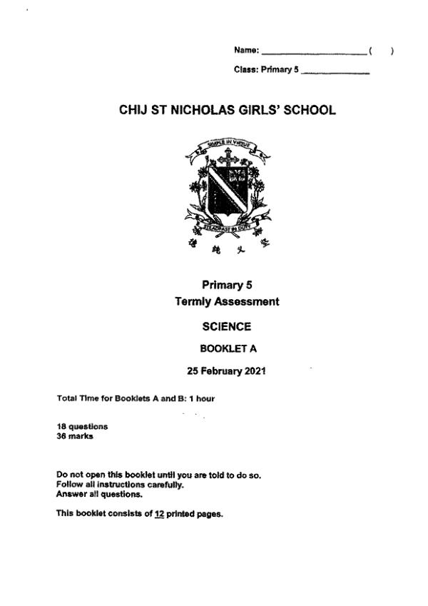 CHIJ P5 Sci WA1 2021 exam paper PDF preview