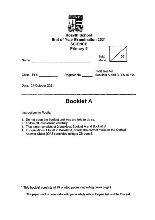 Rosyth P5 Sci SA2 2021 exam paper PDF preview