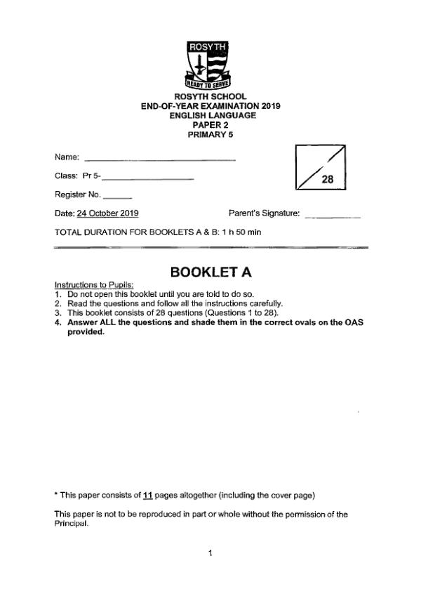 Rosyth P5 Eng SA2 2019 exam paper PDF preview