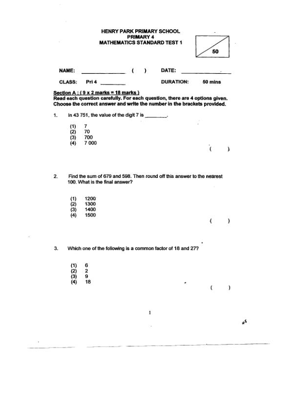 Henry Park P4 Math WA3 2011 exam paper PDF preview