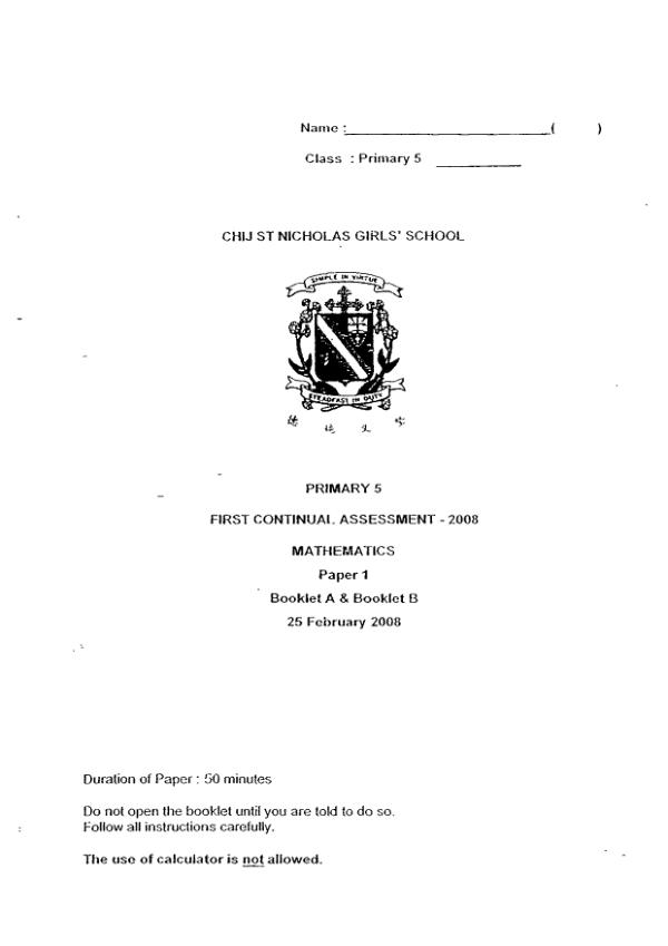 CHIJ P5 Math WA1 2008 exam paper PDF preview