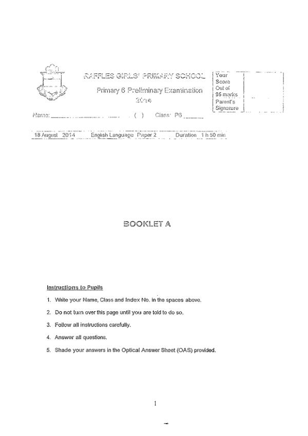 Raffles Girls P6 Eng SA2 2014 exam paper PDF first page preview