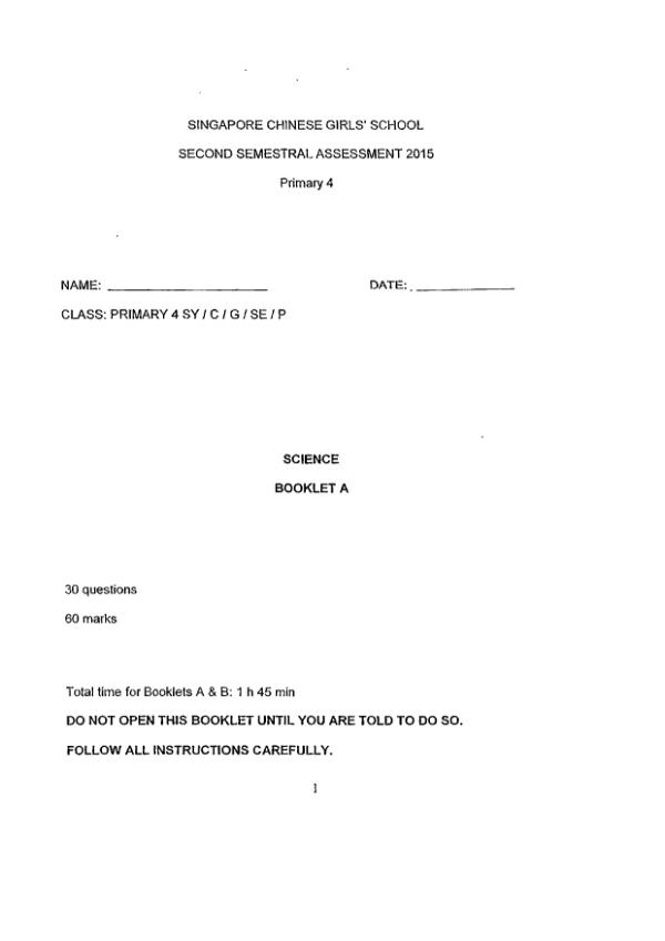 Singapore Chinese Girls P4 Sci SA2 2015 exam paper PDF preview
