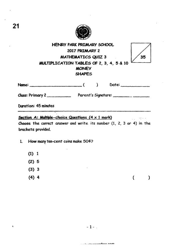 First page preview of P2 Math 2017 WA3 — Henry Park