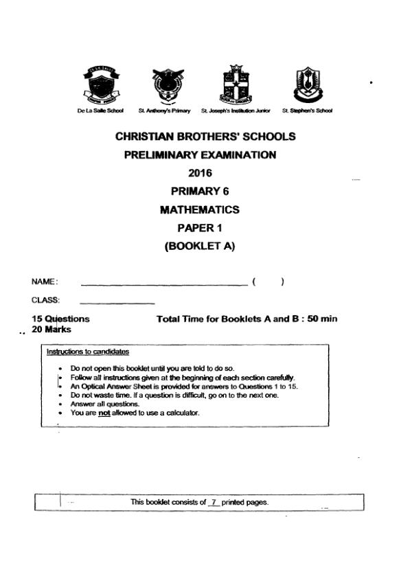 First page preview of P6 Math 2016 SA2 — Christian Brothers