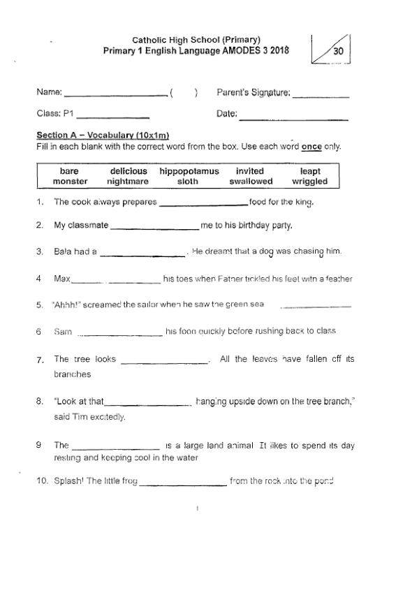 Catholic High P1 Eng SA2 2018 exam paper PDF preview