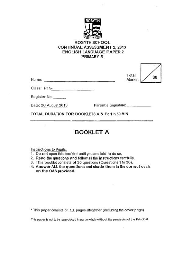 Rosyth P5 Eng WA3 2013 exam paper PDF preview