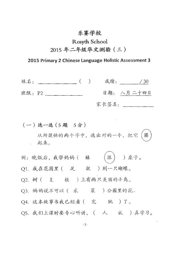 Rosyth P2 Chi WA3 2015 exam paper PDF first page preview