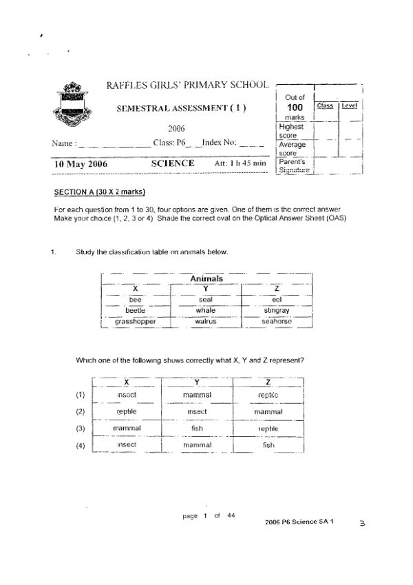 Raffles Girls P6 Sci WA2 2006 exam paper PDF preview