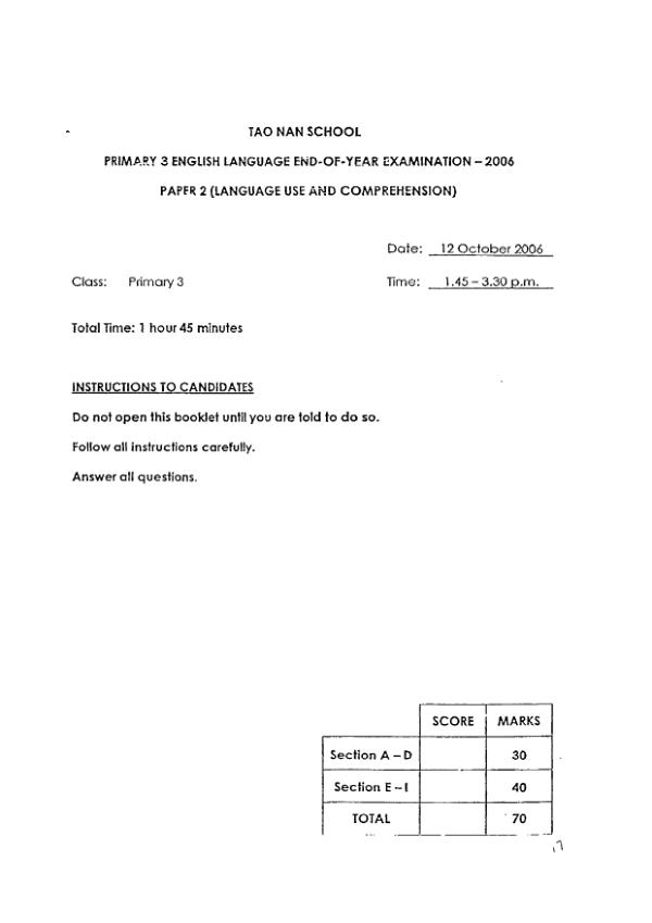Tao Nan P3 Eng SA2 2006 exam paper PDF preview