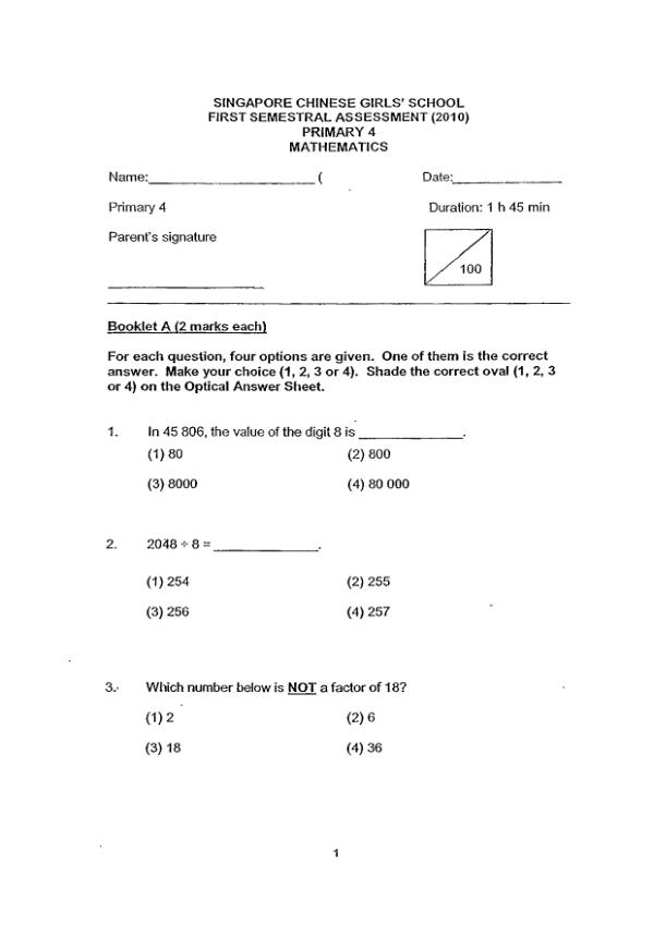 First page preview of P4 Math 2010 WA2 — Singapore Chinese Girls